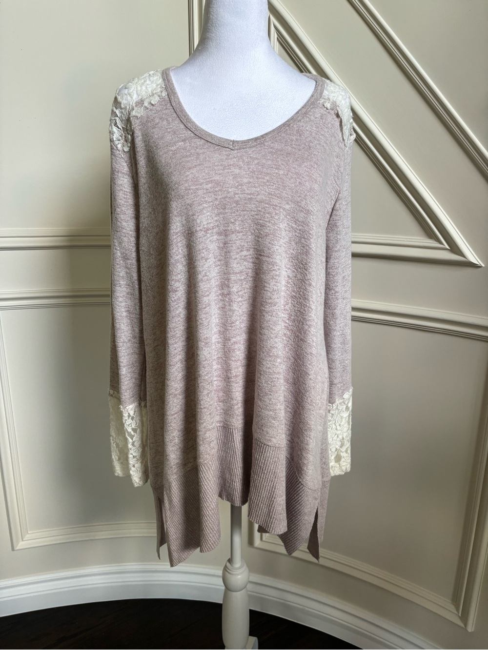 Chance or Fate Mauve Knit Top with Cream Lace Trim